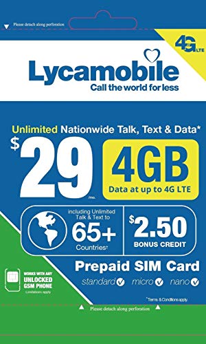 Lycamobile $29 Plan 1st Month Included SIM Card is Triple Cut Unlimited Natl Talk & Text to US and 65+ Countries 4GB Of 4G LTE