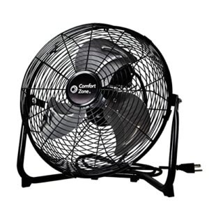 comfort zone czhv12b 12” 3-speed cradle/floor fan with 180-degree adjustable tilt, all-metal construction, rubber feet, and carry handle, black