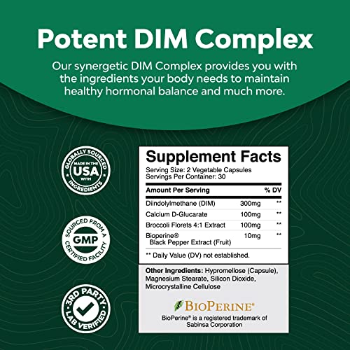 Extra Strength Diindolylmethane DIM Supplement - 300mg DIM Complex Men and Womens Hormone Balance Supplement with DIM SGS and Calcium D-Glucarate - Herbal DIM Supplement for Men and Women 30 Servings