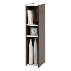 iris usa, inc. 3-tier cubby storage bookshelf with adjustable shelves, 8" width stackable easy assembly space saving shelving unit bookcase, walnut brown/white
