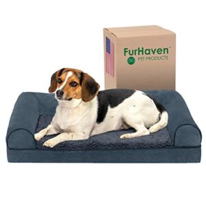 Furhaven Orthopedic Dog Bed for Medium/Small Dogs w/ Removable Bolsters & Washable Cover, For Dogs Up to 35 lbs - Sherpa & Chenille Sofa - Orion Blue, Medium