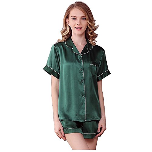 NANJUN Women's Satin Pajamas Sleepwear Short Button-Down Pj Set(green,l0)