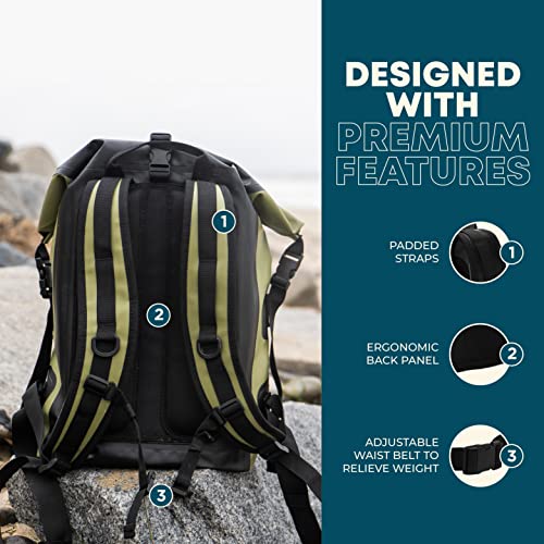 Earth Pak Waterproof Backpack: 35L / 55L / 85L Heavy Duty Roll-Top Closure with Easy Access Front-Zippered Pocket and Cushioned Padded Back Panel for Comfort with IPX8 Waterproof Phone Case