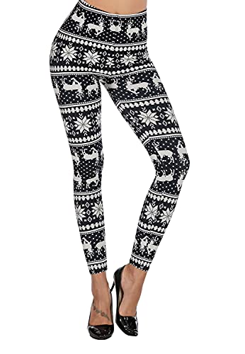 Uaderize Womens Ultra Soft Brushed Christmas Leggings Pants Reindeer Black and White L