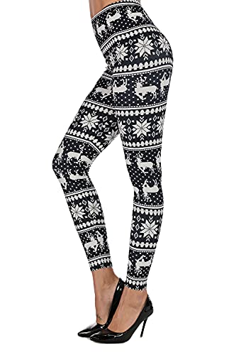 Uaderize Womens Ultra Soft Brushed Christmas Leggings Pants Reindeer Black and White L