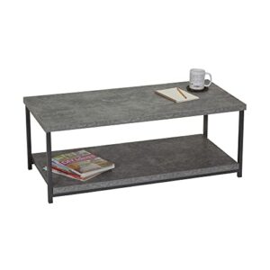 Household Essentials Jamestown Rectangular Coffee Table with Storage Shelf Rustic Slate Concrete and Black Metal