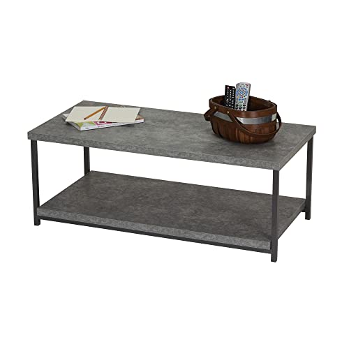 Household Essentials Jamestown Rectangular Coffee Table with Storage Shelf Rustic Slate Concrete and Black Metal