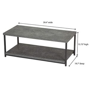 Household Essentials Jamestown Rectangular Coffee Table with Storage Shelf Rustic Slate Concrete and Black Metal