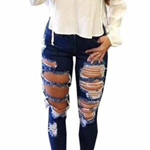 Sexyshine Women's Casual Skinny High Waisted Destroyed Ripped Hole Denim Pants Long Stretch Pencil Jeans(BE,2XL) A-Blue