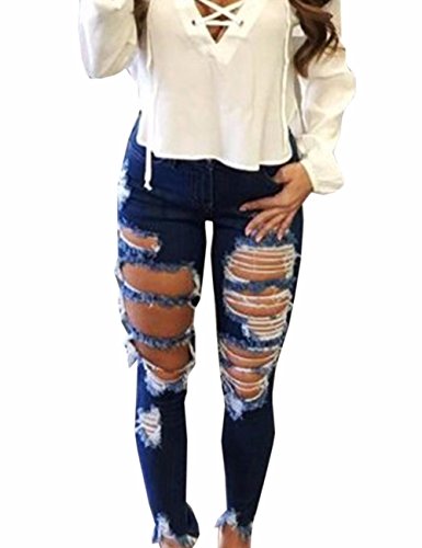 Sexyshine Women's Casual Skinny High Waisted Destroyed Ripped Hole Denim Pants Long Stretch Pencil Jeans(BE,2XL) A-Blue