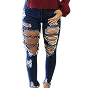 Sexyshine Women's Casual Skinny High Waisted Destroyed Ripped Hole Denim Pants Long Stretch Pencil Jeans(BE,2XL) A-Blue