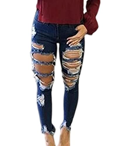 Sexyshine Women's Casual Skinny High Waisted Destroyed Ripped Hole Denim Pants Long Stretch Pencil Jeans(BE,2XL) A-Blue