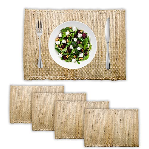 Chardin Home Eco-Friendly Natural Jute/Hemp Placemats 13''x''19, Set of 4 Natural/Beige Table Mats | Perfect for Holidays, Thanksgiving, Christmas, or Everyday Meals