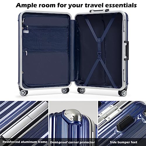 Coolife Luggage Aluminium Frame Suitcase TSA Lock 100% PC 20in 24in 28in (Blue, M(24in))
