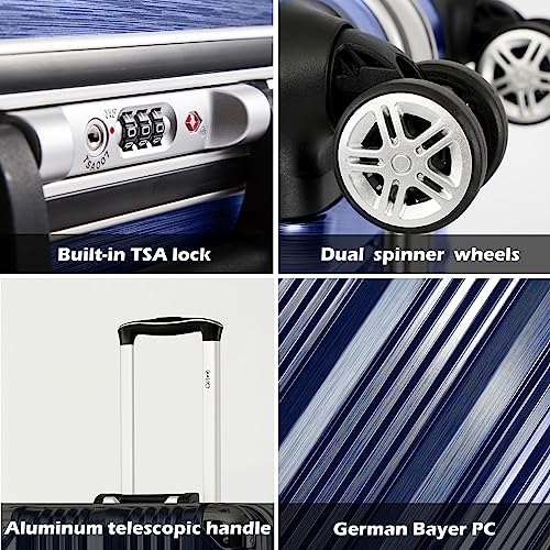 Coolife Luggage Aluminium Frame Suitcase TSA Lock 100% PC 20in 24in 28in (Blue, M(24in))