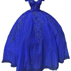 DKBridal Women‘s 3D Flowers Quinceanera Dresses Glittery Tulle Off The Shoulder Sweet 16 Dresses Royal Blue 24