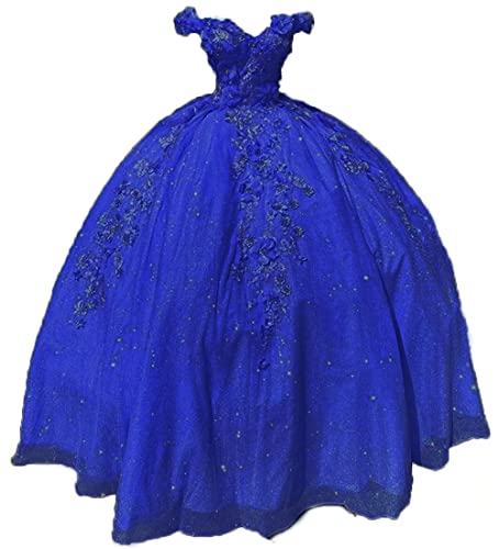 DKBridal Women‘s 3D Flowers Quinceanera Dresses Glittery Tulle Off The Shoulder Sweet 16 Dresses Royal Blue 24