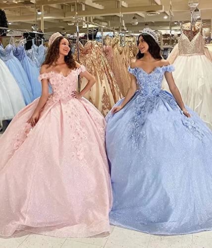 DKBridal Women‘s 3D Flowers Quinceanera Dresses Glittery Tulle Off The Shoulder Sweet 16 Dresses Royal Blue 24