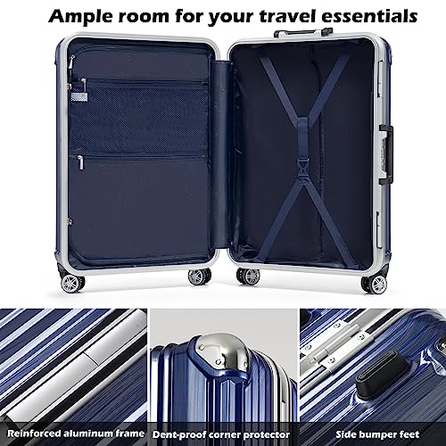 Coolife Luggage Aluminium Frame Suitcase TSA Lock 100% PC 20in 24in 28in (Blue, L(28in))