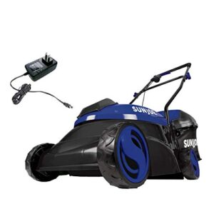 sun joe mj401c-xr-sjb 14-inch 28-volt 5-amp cordless lawn mower w/brushless motor, 10.6-gallon detachable collection bag, dark blue