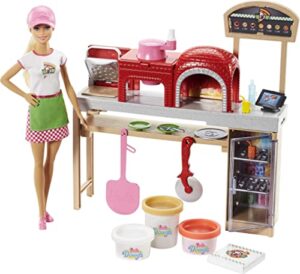 barbie pizza chef doll & playset, toy oven & counter with sliding conveyer belt, molds, 3 dough colors & accessories (amazon exclusive)