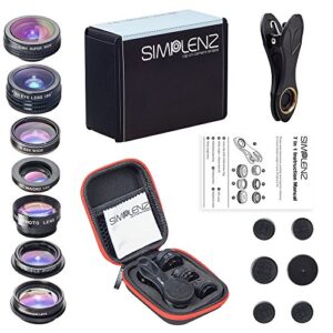 SimpLenz 7 in 1 Clip On Cell Phone Camera Lens Kit | for iPhone 7 6/6S 6S Plus, Samsung Galaxy S7 S6 & Most Tablets | Telephoto, Fish Eye, Kaleidoscope, Wide Angle, X-Wide Angle, CPL, & Macro Lens