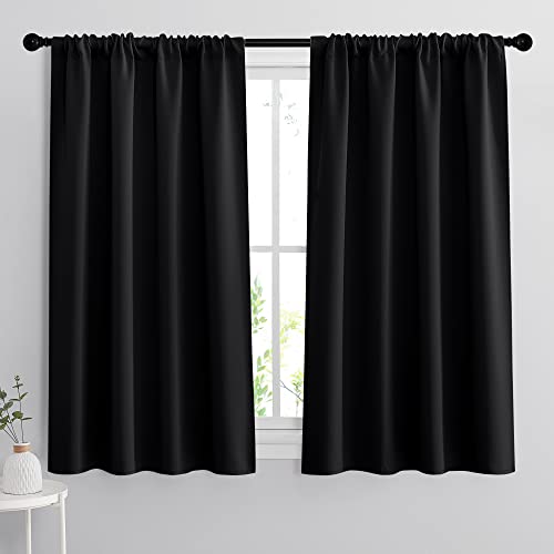 RYB HOME Bedroom Blackout Curtains - Black Curtains Solar Light Block Insulated Drapes Energy Saving for Bedroom Dining Living Room, 42 x 45 inches Long, Black, Set of 2
