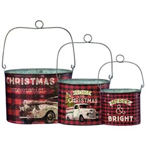 primitives by kathy rustic christmas 3-piece tin bucket set, set of 3, plaid