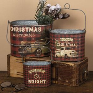 Primitives by Kathy Rustic Christmas 3-Piece Tin Bucket Set, Set of 3, Plaid