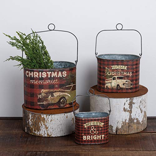Primitives by Kathy Rustic Christmas 3-Piece Tin Bucket Set, Set of 3, Plaid