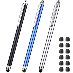 ccivv 3 pcs stylus pens for touch screens [0.24-inch tip series] + 12 extra replaceable rubber tips (black/silver/dark blue)