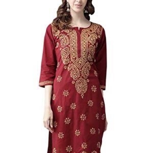 Ada Hand Embroidered Indian Traditional Chikan Women's Cotton Kurti Kurta Tunic Dress A188266 (XL, Maroon)