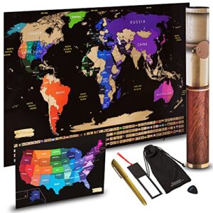 scratch off world map + scratch off usa map travel poster | us states and world country flags detailed in large 30" x 17" size scratchable tracker poster | premium travelers wall set (black)