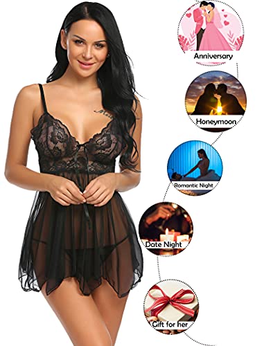 Avidlove Women Babydoll Set Mesh Lingerie Strap Chemise Lace Sleepwear Outfits Black Medium