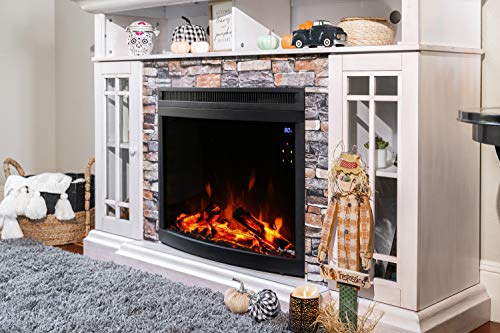 e-Flame USA Edmonton 28-inch Curved LED Electric Fireplace Stove Insert with Remote - 3-D Log and Fire Effect