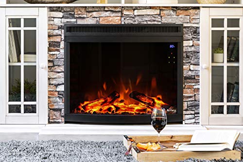 e-Flame USA Edmonton 28-inch Curved LED Electric Fireplace Stove Insert with Remote - 3-D Log and Fire Effect