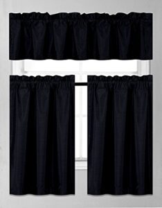 elegant home collection 3 piece solid color faux silk blackout kitchen window curtain set with tiers and valance solid color lined thermal blackout drape window treatment set #k3 (black)