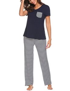 hotouch women pajama set 2 piece shorts sleeve sleepwear nightwear navy blue navy blue small
