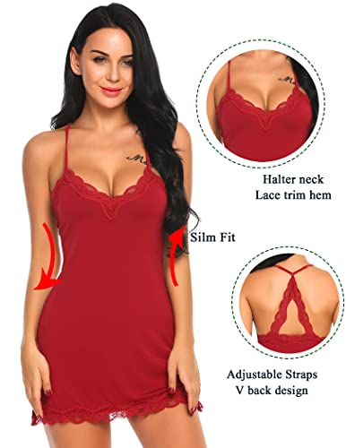 Avidlove Sexy Nightdress V Neck Lingerie Sleepwear Dark Red S