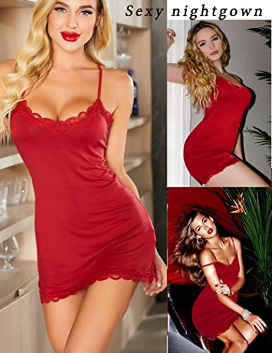 Avidlove Sexy Nightdress V Neck Lingerie Sleepwear Dark Red S