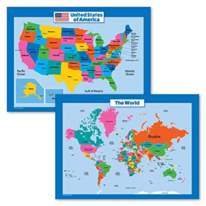 world map and usa map for kids - 2 poster set - laminated - wall chart poster of the united states and the world (18 x 24)