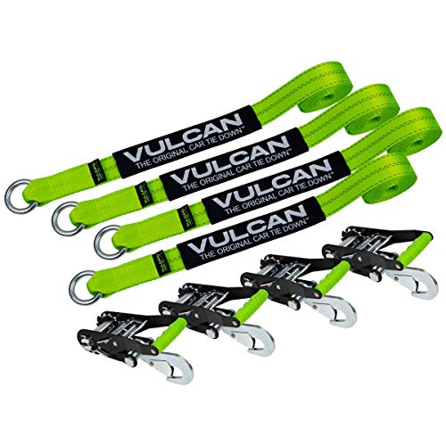 VULCAN Car Tie Down with Snap Hooks - Lasso Style - 2 Inch x 96 Inch - 4 Pack - High-Viz - 3,300 Pound Safe Working Load