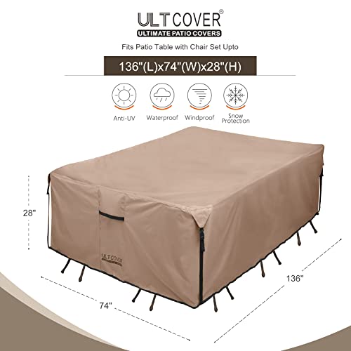 ULTCOVER Rectangular Patio Heavy Duty Table Cover - 600D Tough Canvas Waterproof Outdoor Dining Table and Chairs General Purpose Furniture Cover Size 136L x 74W x 28H inch