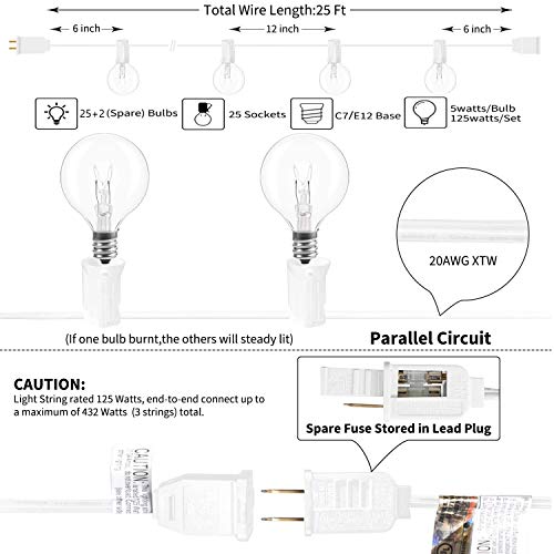 SUNSGNE 25Ft Globe String Lights, G40 Outdoor String Lights with 27 Clear Edison Bulbs, Clear Edison Bulb String Lights for Indoor Outdoor Commercial Decoration-White Wire