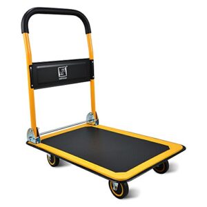 push cart dolly by wellmax, moving platform hand truck, foldable for easy storage and 360 degree swivel wheels with 330lb weight capacity, yellow color