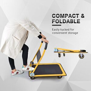 Push Cart Dolly by Wellmax, Moving Platform Hand Truck, Foldable for Easy Storage and 360 Degree Swivel Wheels with 330lb Weight Capacity, Yellow Color