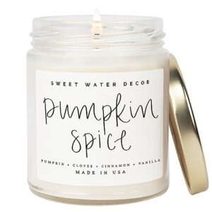 sweet water decor pumpkin spice candle | autumn, vanilla, and buttercream, fall scented soy candles for home | 9oz clear jar, 40 hour burn time, made in the usa