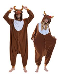 newcosplay unisex adult coffee reindeer onesie plush one piece pajamas christmas costume(small, coffee reindeer)
