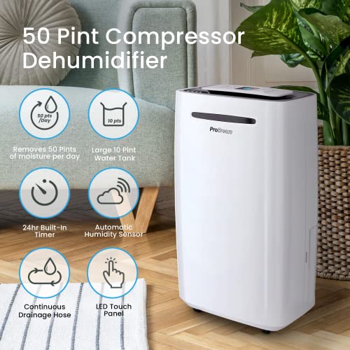 Pro Breeze 50 Pint Dehumidifier - 3,500 - 4,000 Sq Ft Dehumidifiers for Home Large Room Basements with Humidity Sensor, Auto Shut Off, Continuous Drainage Hose - Removes Moisture Ideal Dehumidifiers for Basement