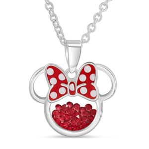 disney jewelry for women and girls minnie mouse july birthstone ruby red cubic zirconia shaker pendant necklace, silver plated, 18+2" extender